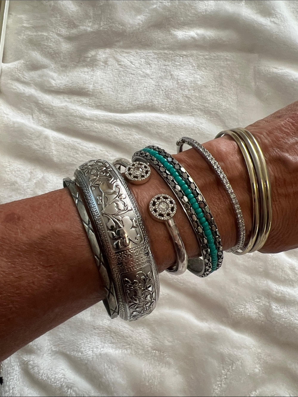 Mixed Metal and Turquoise Bracelet Stack — Women's Multi-Bangle Set